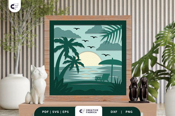 Tropical Beach 3D Shadow Box Paper Cut – A 3D SVG Asset for Creative Projects