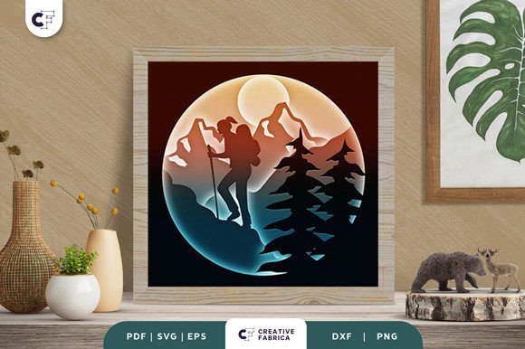 Woman Trekking 3D Layered Paper Cut – A Versatile SVG for Nature-Themed Creations